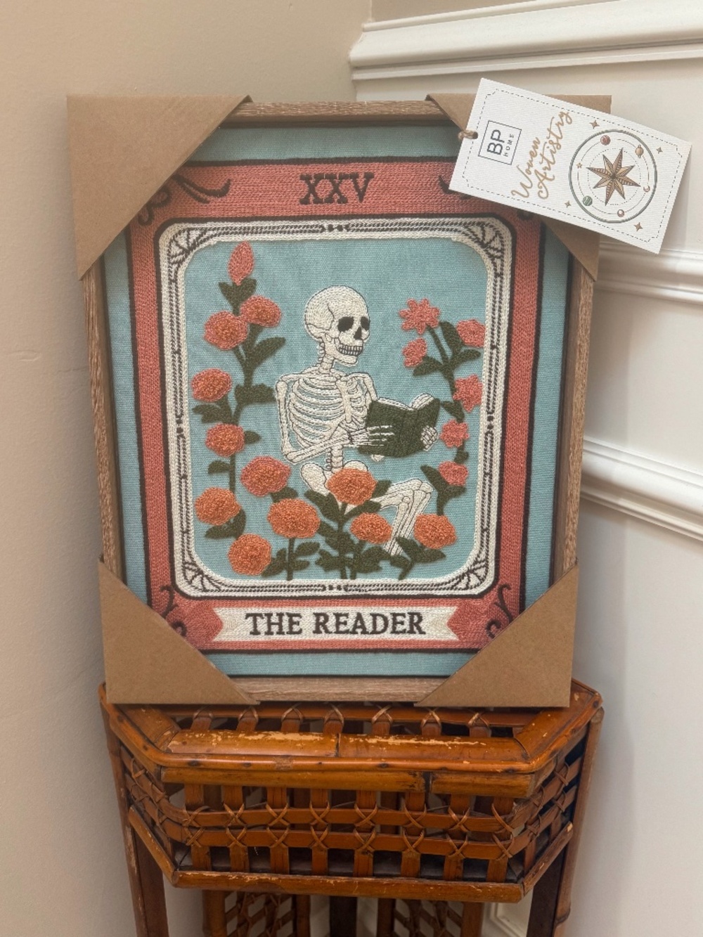 BP HOME Textile Embroidery Woven Wall Art "THE READER"  Skeleton PINK! 12x15 NEW